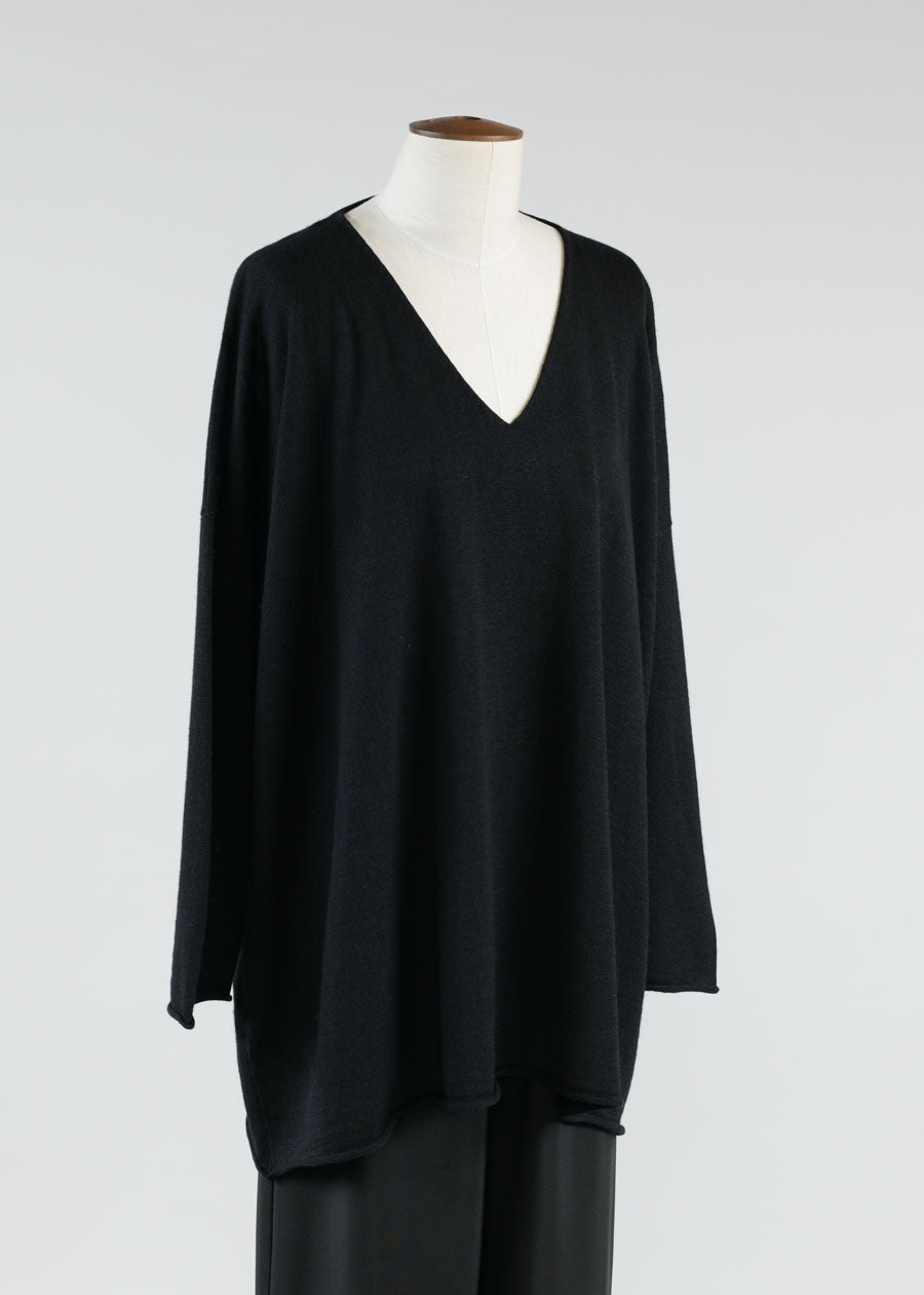 eskandar cashmere linen mix a-line v neck sweater - long