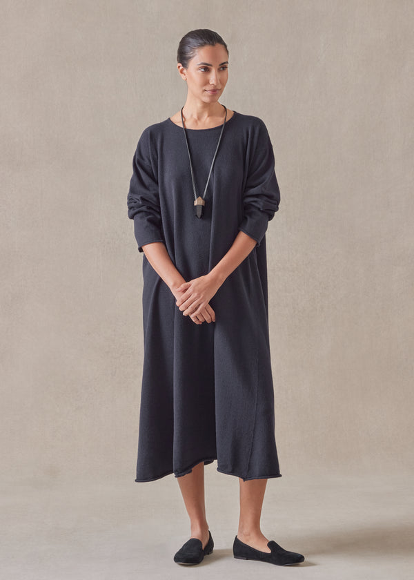 eskandar cashmere side panelled a-line bateau neck dress