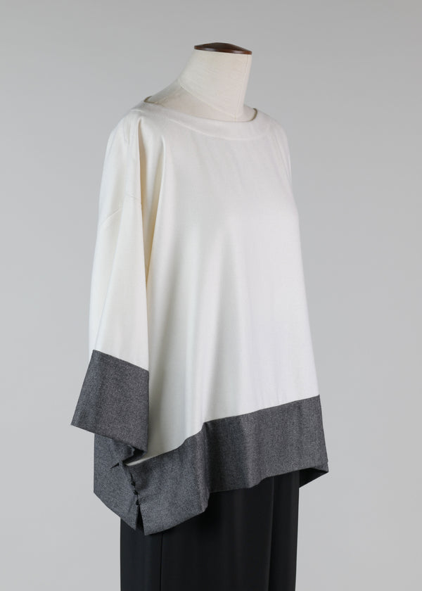 Eskandar Cashmere Silk Mix A-line Scoop Neck 3/4 Sleeve Tunic With Contrast Edge Panel - Mid