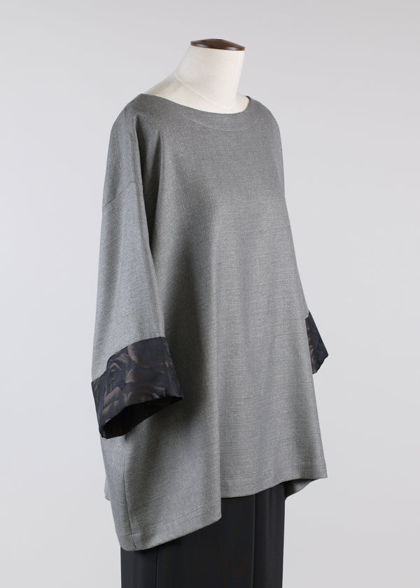 Eskandar Cashmere Silk Mix A-line Scoop Neck 3/4 Sleeve Tunic With Contrast Sleeve Edge - Long