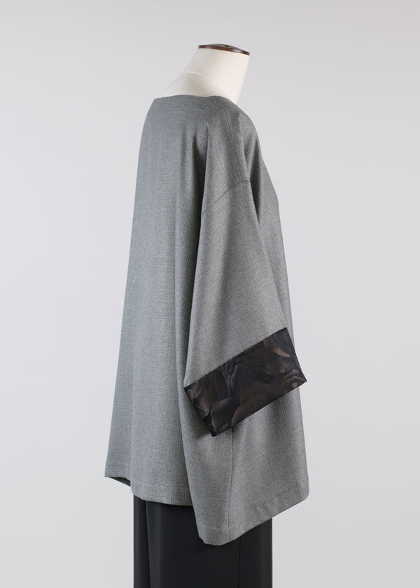 Eskandar Cashmere Silk Mix A-line Scoop Neck 3/4 Sleeve Tunic With Contrast Sleeve Edge - Long