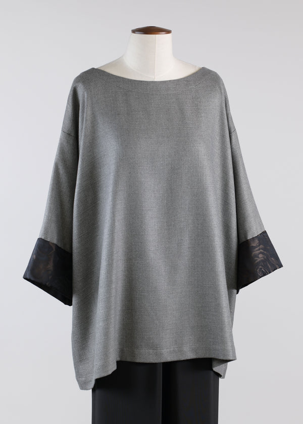 eskandar cashmere silk mix a-line scoop neck 3/4 sleeve tunic with contrast sleeve edge - long