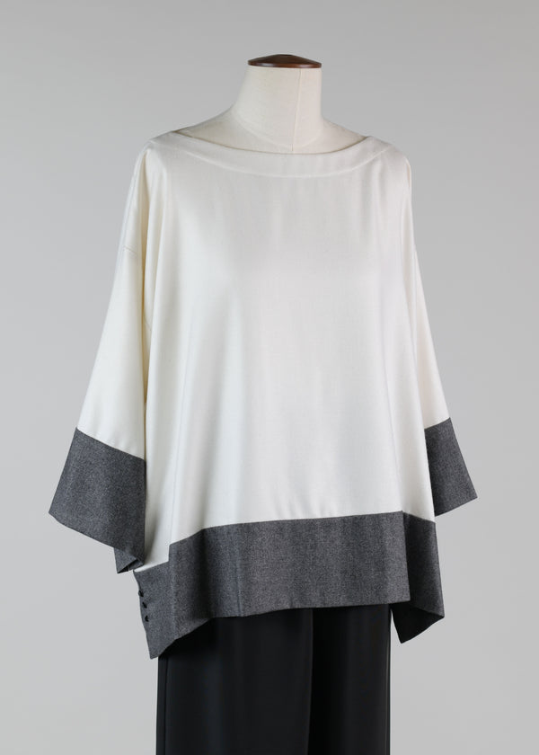 eskandar cashmere silk mix a-line scoop neck 3/4 sleeve tunic with contrast edge panel - mid
