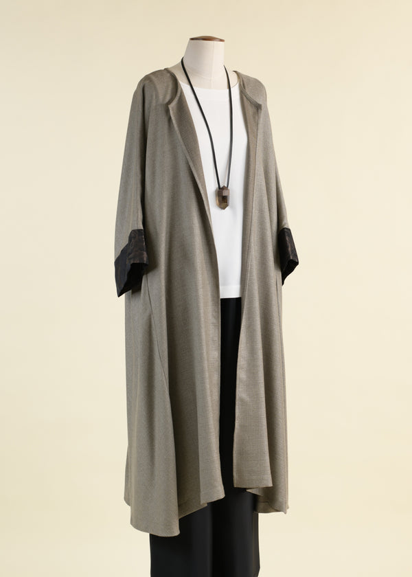 eskandar cashmere silk mix round neck coat with bias side panel and cuff detail