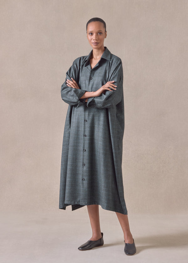 Eskandar Cashmere Silk Wool Mix Wide A-line Shirt Dress With Collar