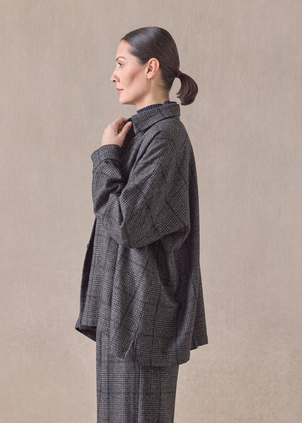 Eskandar Cashmere Silk Wool Mix Wide A-line Shirt Jacket With Collar - Mid Plus