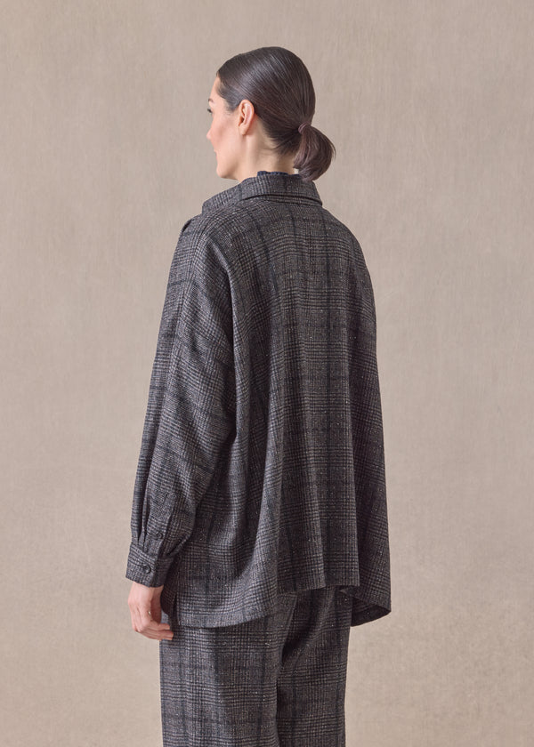 Eskandar Cashmere Silk Wool Mix Wide A-line Shirt Jacket With Collar - Mid Plus