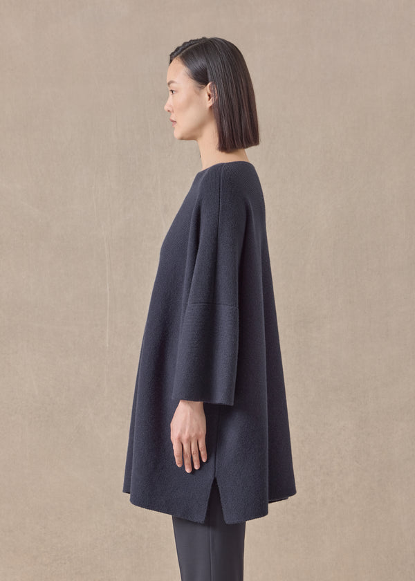 Eskandar Cashmere Slash Neck 3/4 Sleeve Sweater - Long Plus With Slits