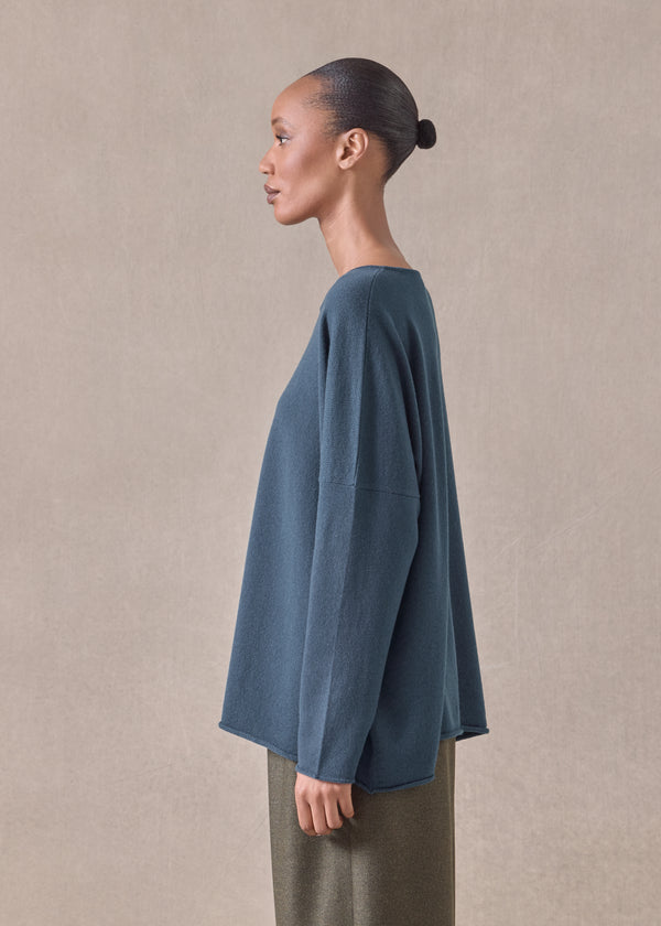 Eskandar Cashmere Slim Sleeve Raw Edge Bateau Neck - Mid Plus