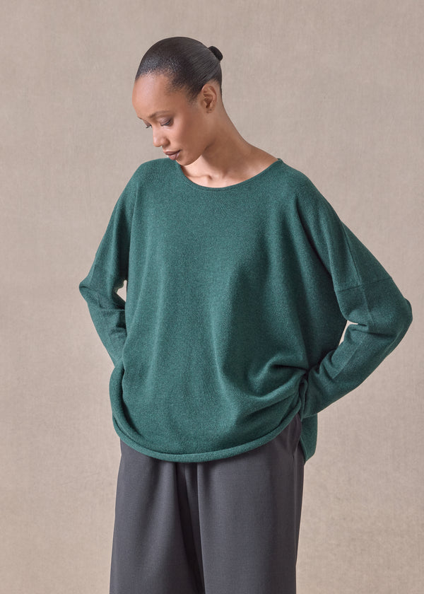 eskandar cashmere slim sleeve raw edge bateau neck - mid plus