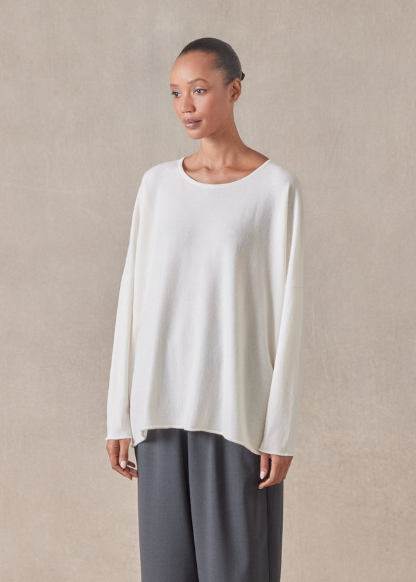 Eskandar Cashmere Slim Sleeve Raw Edge Bateau Neck Sweater - Mid Plus