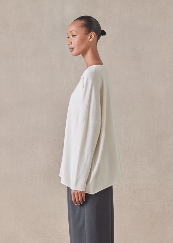 Eskandar Cashmere Slim Sleeve Raw Edge Bateau Neck Sweater - Mid Plus