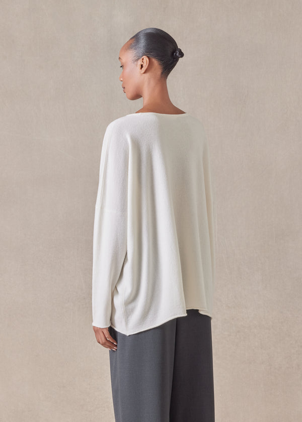 Eskandar Cashmere Slim Sleeve Raw Edge Bateau Neck Sweater - Mid Plus