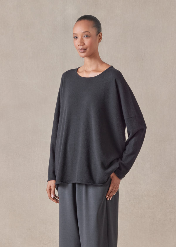 Eskandar Cashmere Slim Sleeve Raw Edge Bateau Neck Sweater - Mid Plus