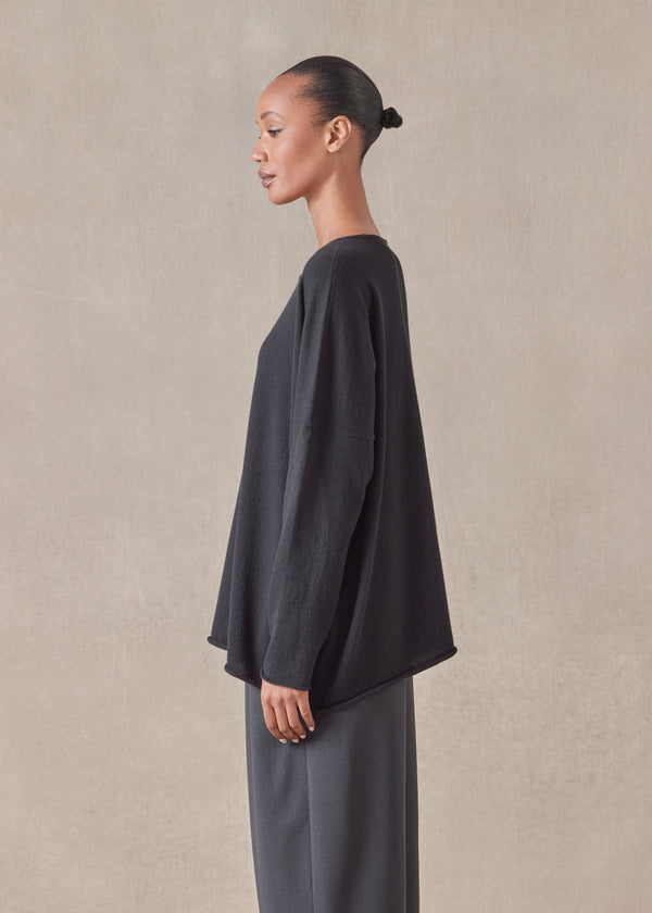 Eskandar Cashmere Slim Sleeve Raw Edge Bateau Neck Sweater - Mid Plus