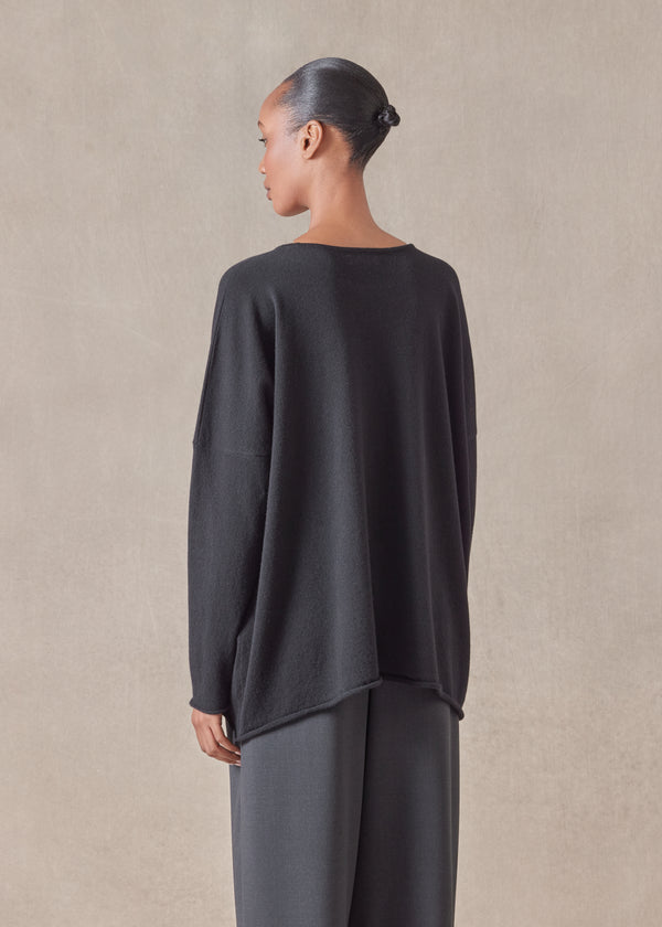 Eskandar Cashmere Slim Sleeve Raw Edge Bateau Neck Sweater - Mid Plus