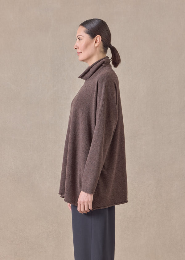 Eskandar Cashmere Slim Sleeve Raw Edge Scrunch Neck - Mid Plus