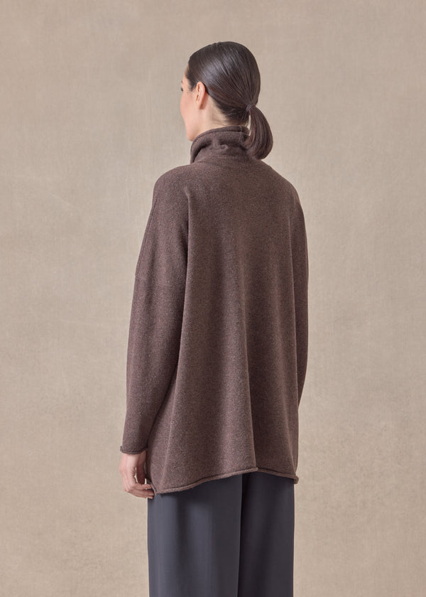 Eskandar Cashmere Slim Sleeve Raw Edge Scrunch Neck - Mid Plus