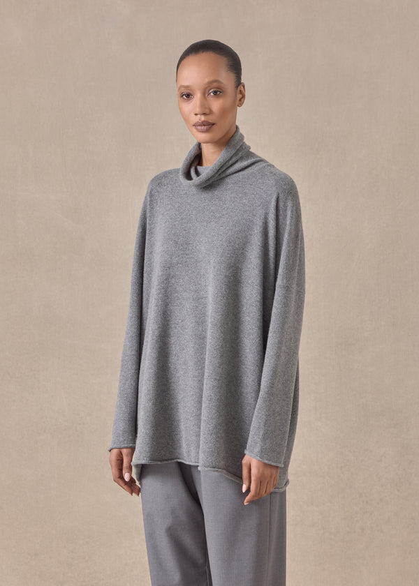 Eskandar Cashmere Slim Sleeve Raw Edge Scrunch Neck - Mid Plus