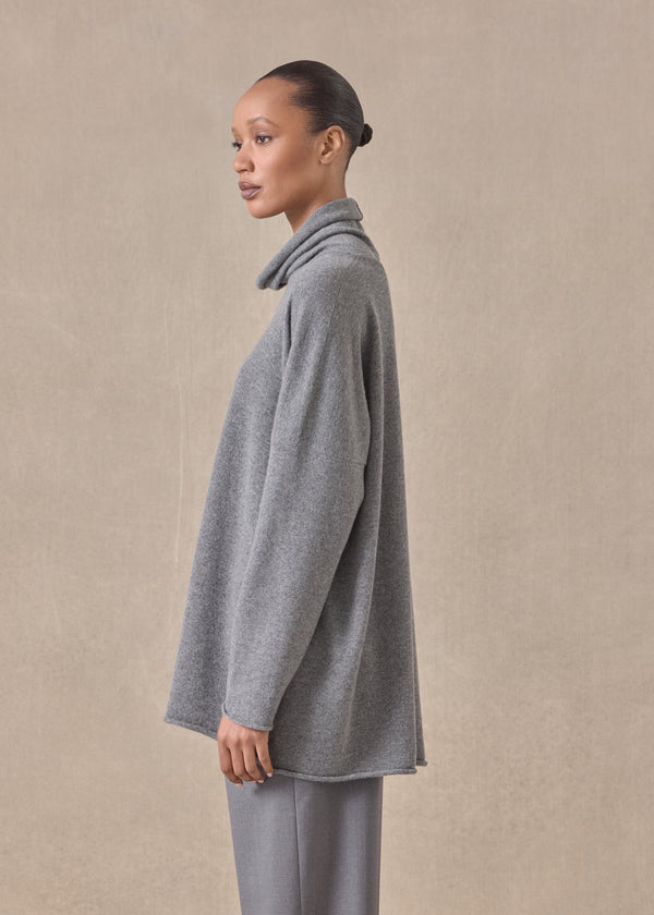 Eskandar Cashmere Slim Sleeve Raw Edge Scrunch Neck - Mid Plus