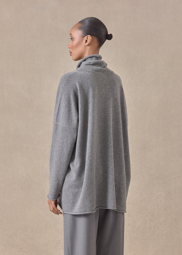 Eskandar Cashmere Slim Sleeve Raw Edge Scrunch Neck - Mid Plus