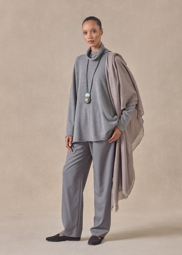 eskandar cashmere slim sleeve raw edge scrunch neck - mid plus