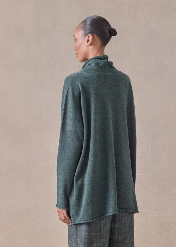 Eskandar Cashmere Slim Sleeve Raw Edge Scrunch Neck - Mid Plus