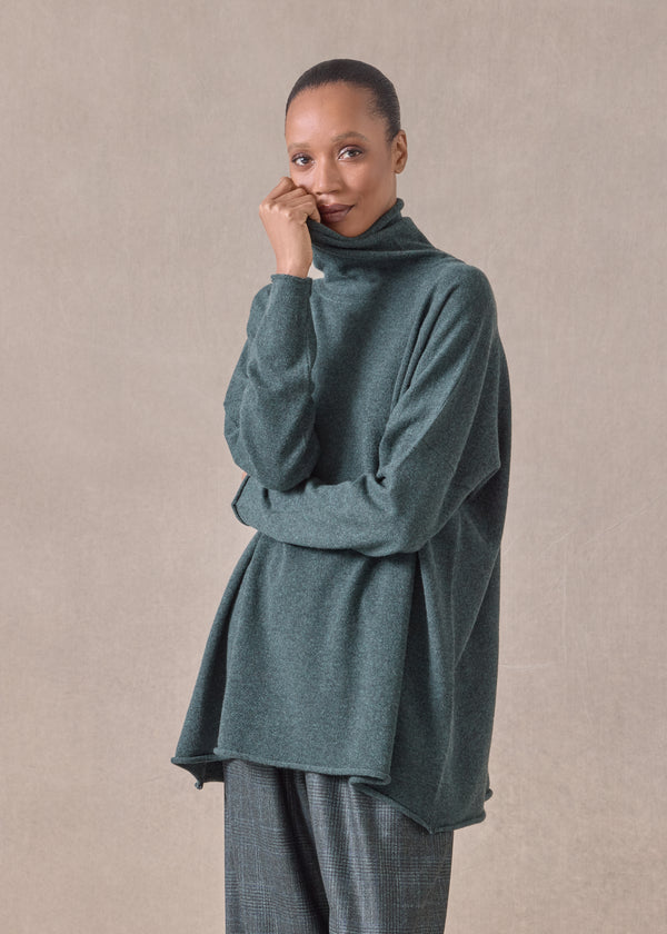 Eskandar Cashmere Slim Sleeve Raw Edge Scrunch Neck - Mid Plus