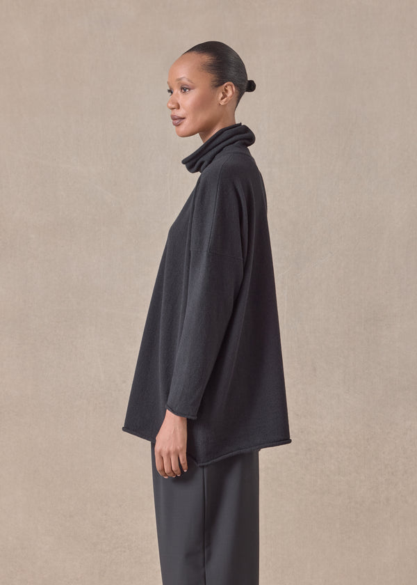 Eskandar Cashmere Slim Sleeve Raw Edge Scrunch Neck Sweater - Mid Plus