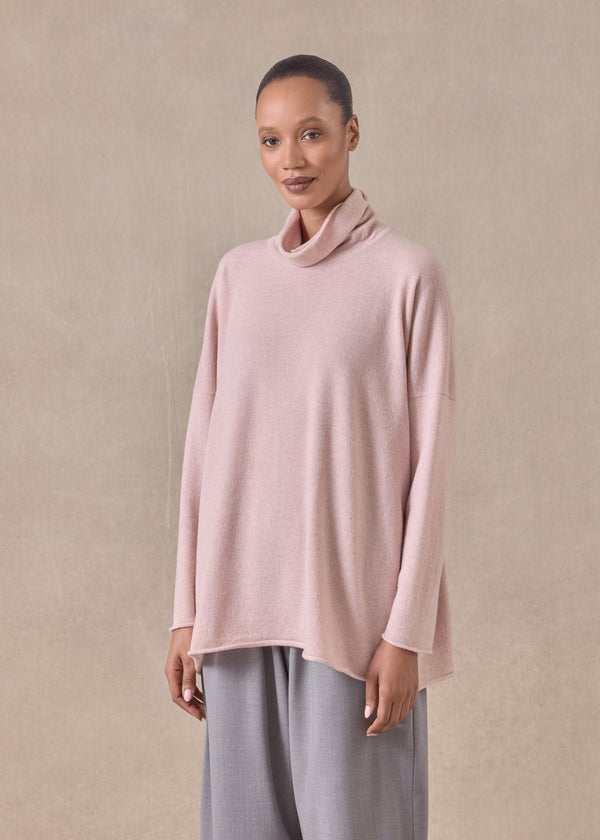Eskandar Cashmere Slim Sleeve Raw Edge Scrunch Neck Sweater - Mid Plus