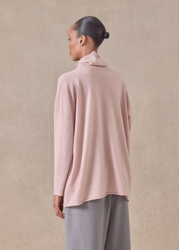 Eskandar Cashmere Slim Sleeve Raw Edge Scrunch Neck Sweater - Mid Plus