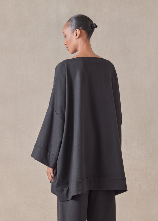 Eskandar Cashmere Sloped Shoulder Scoop Neck Poncho With Hembands - Long Plus
