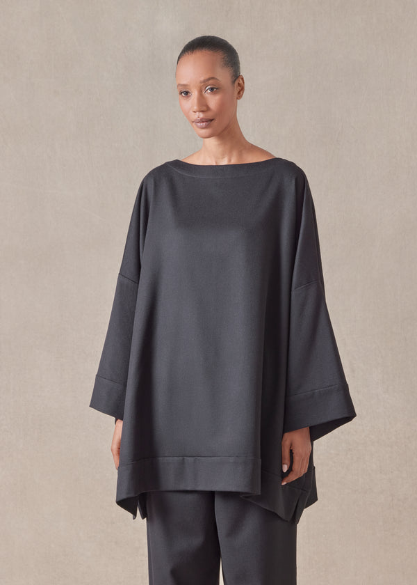 eskandar cashmere sloped shoulder scoop neck poncho with hembands - long plus