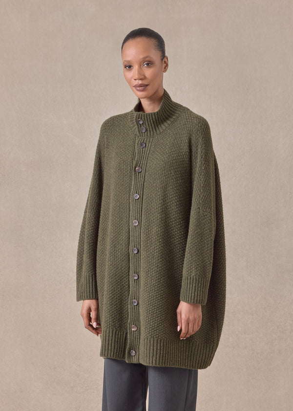Eskandar Cashmere Wide High Neck Button Cardigan - Long Plus