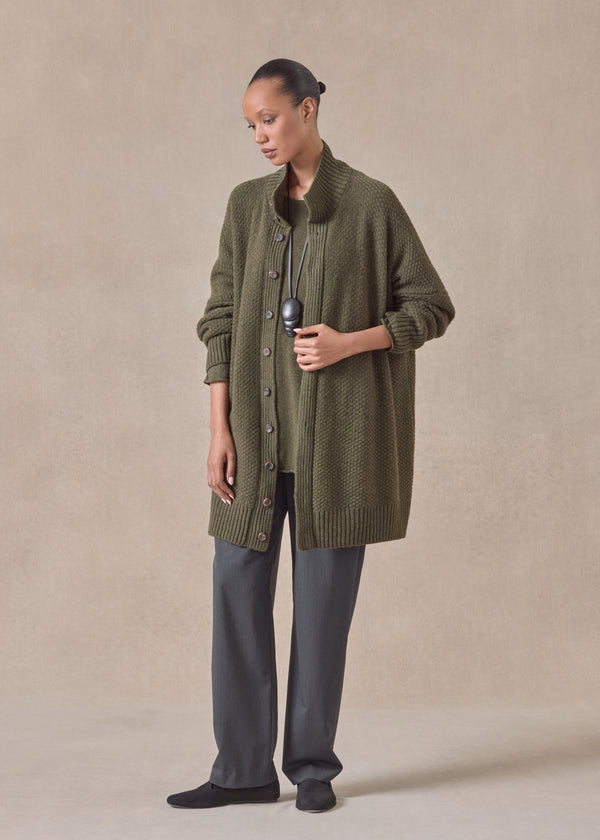 eskandar cashmere wide high neck button cardigan - long plus