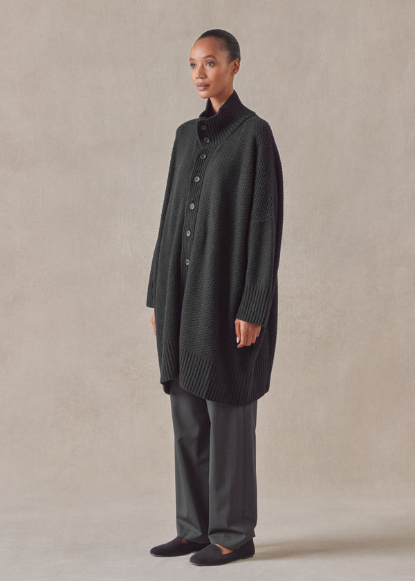 Eskandar Cashmere Wide High Neck Button Knit Cardigan - Long Plus