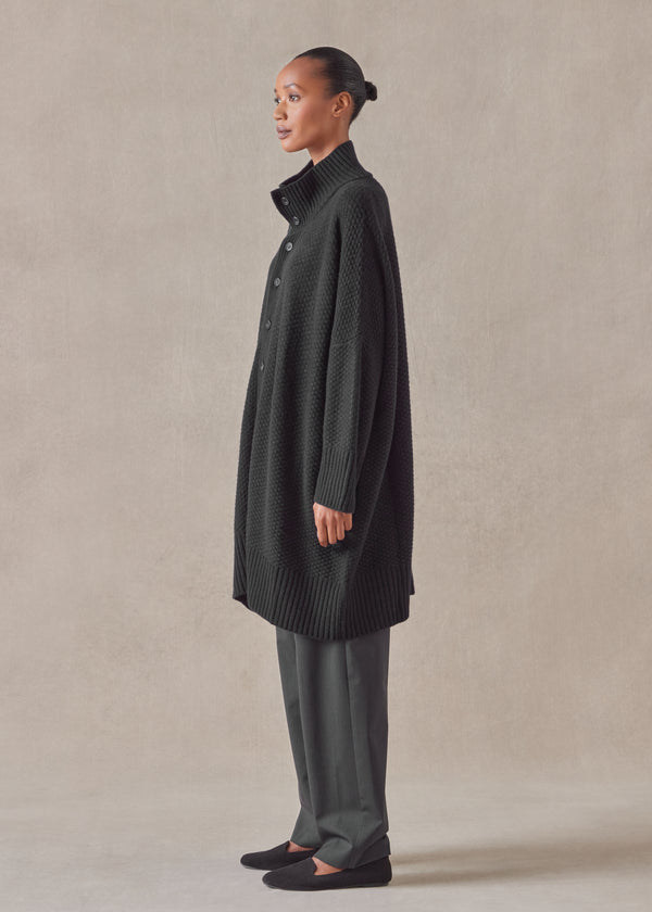 Eskandar Cashmere Wide High Neck Button Knit Cardigan - Long Plus