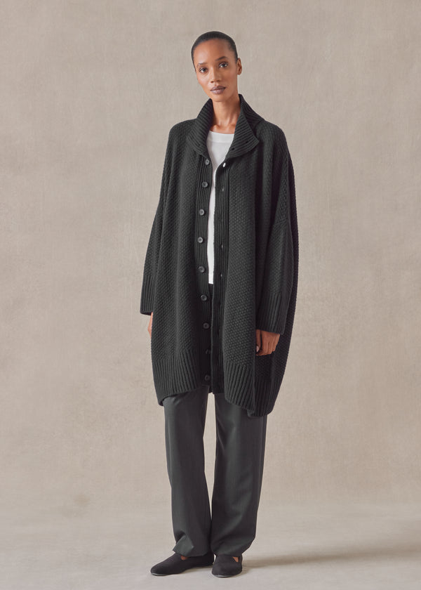 eskandar cashmere wide high neck button knit cardigan - long plus