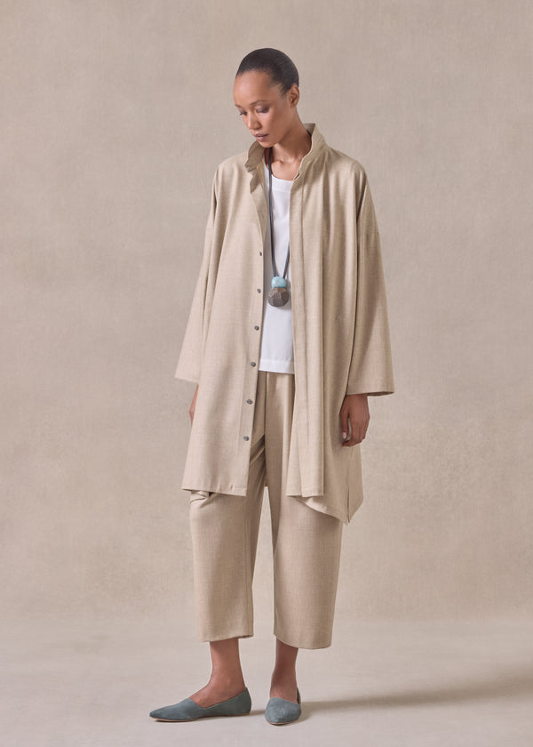 eskandar cashmere wool mix wide a-line shirt with double stand collar - very long