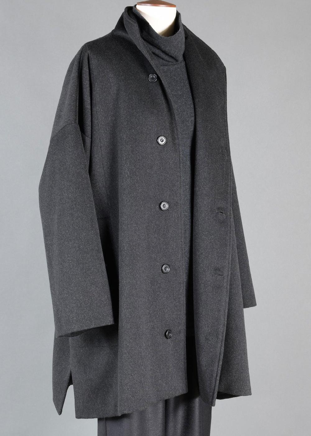 Eskandar Cashmere Wool Mix Wide A-line Side Buttoning High Nk Coat - Long Pl
