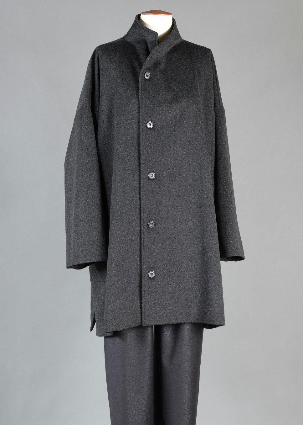 Eskandar Cashmere Wool Mix Wide A-line Side Buttoning High Nk Coat - Long Pl