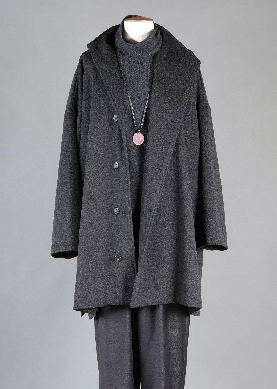 eskandar cashmere wool mix wide a-line side buttoning high nk coat - long pl