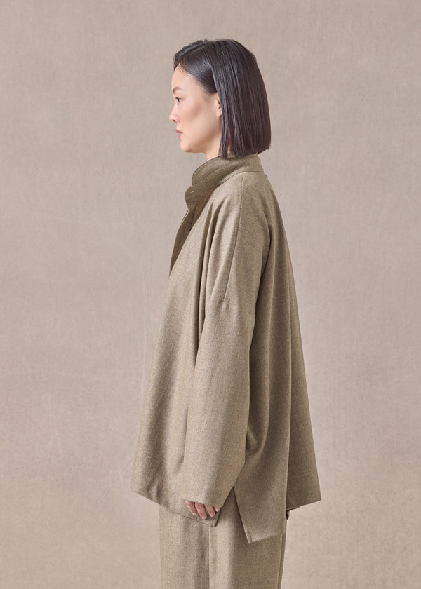 Eskandar Cashmere Wool Mix Wide Longer Back Shirt With Double Stand Collar - Mid Plus