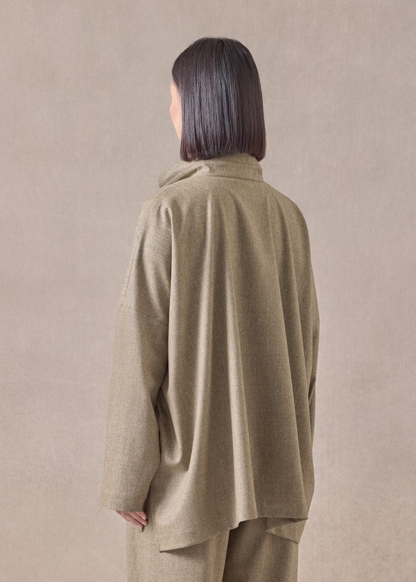 Eskandar Cashmere Wool Mix Wide Longer Back Shirt With Double Stand Collar - Mid Plus