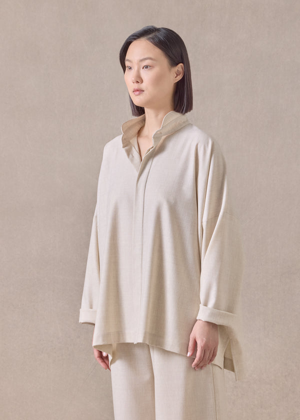 Eskandar Cashmere Wool Mix Wide Longer Back Shirt With Double Stand Collar - Mid Plus