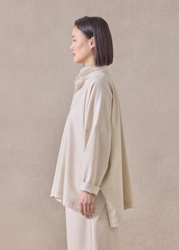 Eskandar Cashmere Wool Mix Wide Longer Back Shirt With Double Stand Collar - Mid Plus