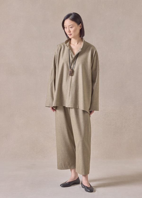 eskandar cashmere wool mix wide longer back shirt with double stand collar - mid plus