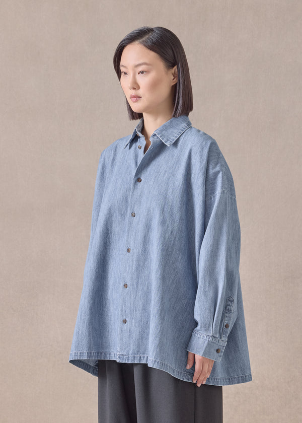 Eskandar Cotton Angled-to-front Side Seam Shirt With Collar - Long