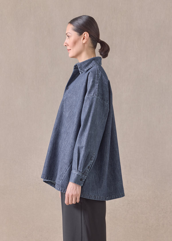 Eskandar Cotton Angled-to-front Side Seam Shirt With Collar - Long