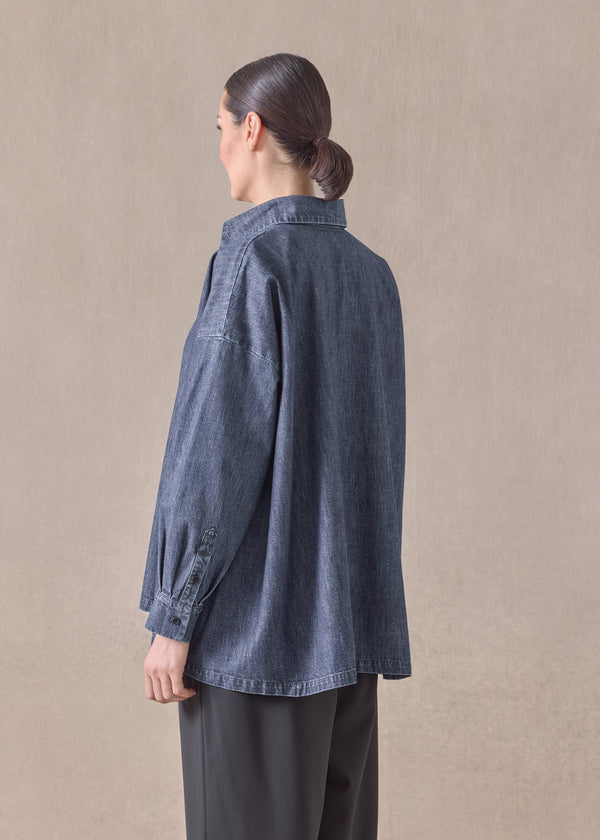 Eskandar Cotton Angled-to-front Side Seam Shirt With Collar - Long